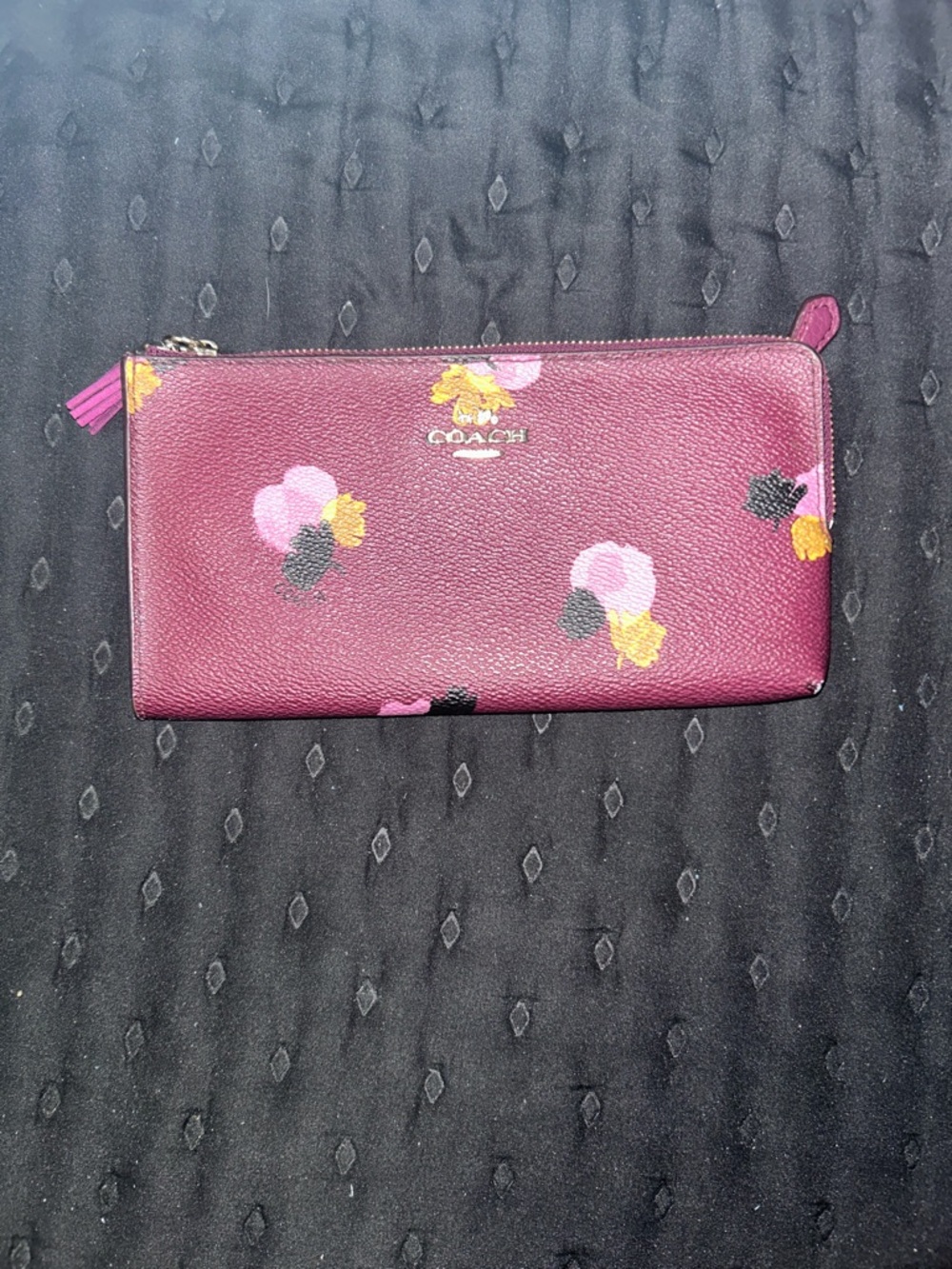 Coach Plum Floral Zip Wallet with Pink and Yellow Accents